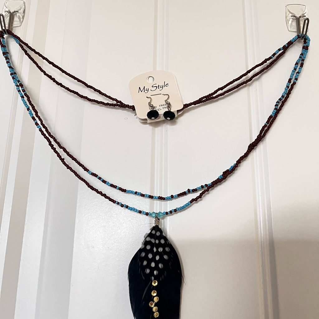 Multicolor Beaded Necklace With Feather Pendant And Classy Black Earrings